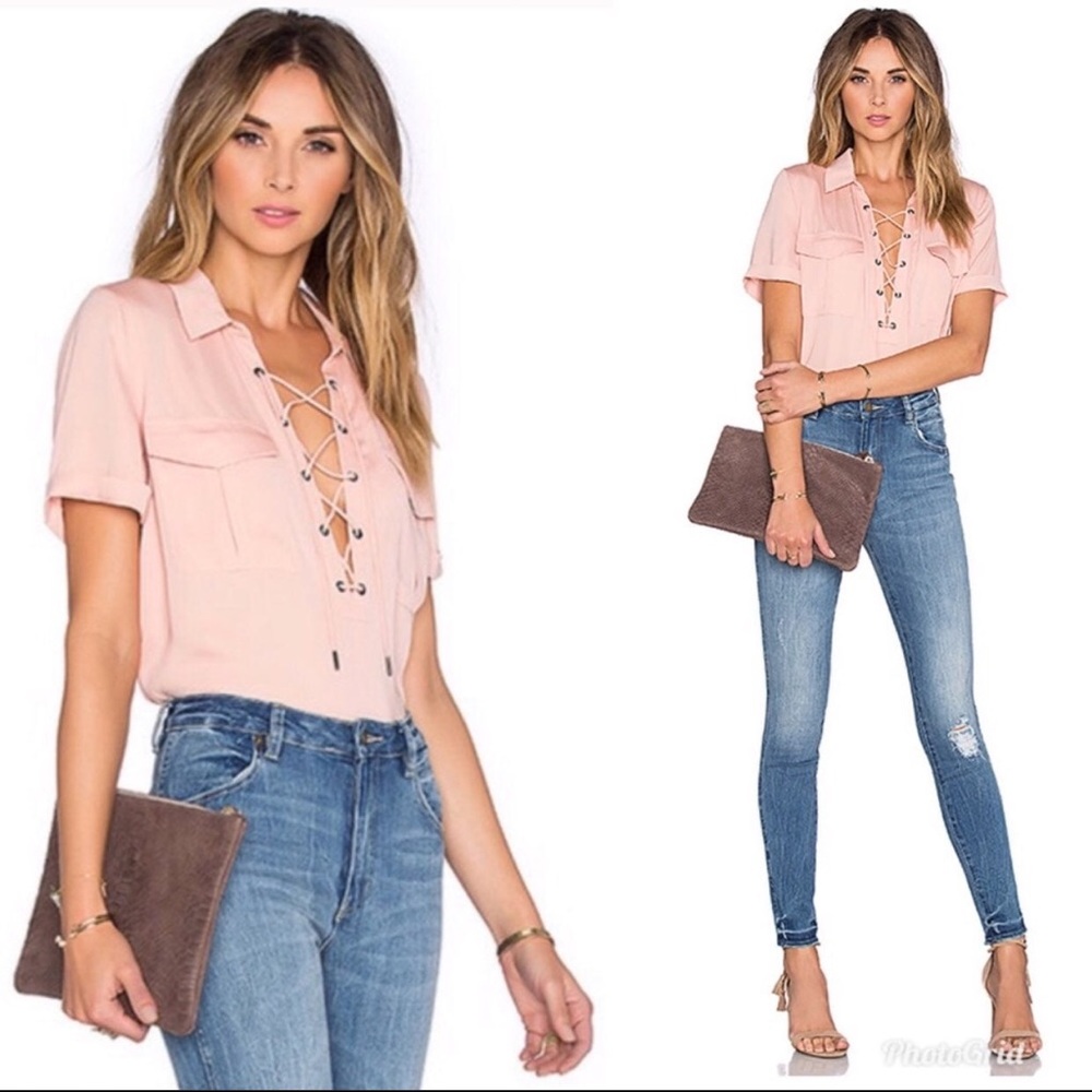 L’Academie X Revolve Short Sleeve Safari Blouse in Blush NWOT